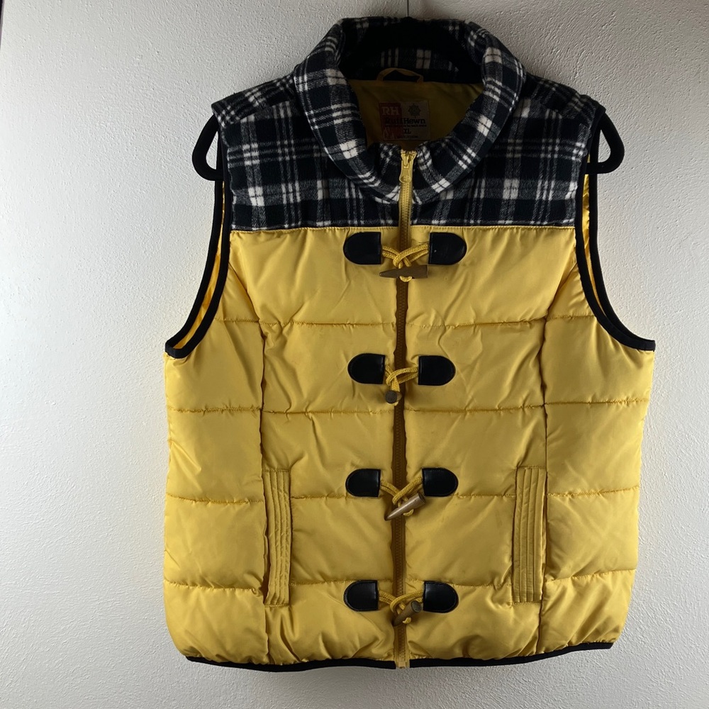 RH RuffHewn Size XL Toggle & Full Zip Closure Vest Yellow Plaid Fleece Collar - Picture 5 of 11